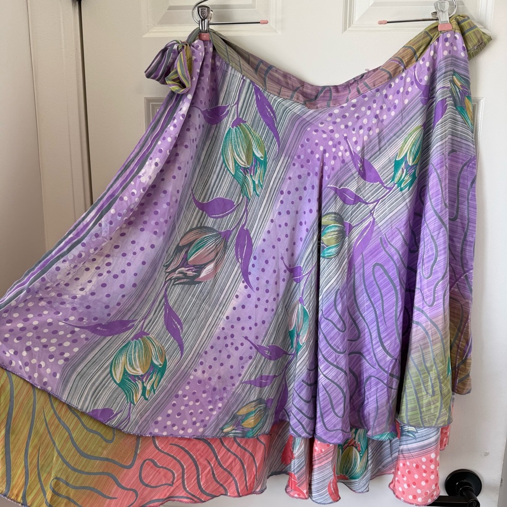 Kimaya Wrap Skirt Silk Multicolor Floral Boho‎ India Sz M/L Adjustable Summer